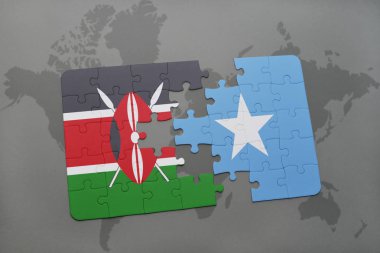 kenya ve Somali ulusal bayrak bir dünya haritası üzerinde ile bulmaca
