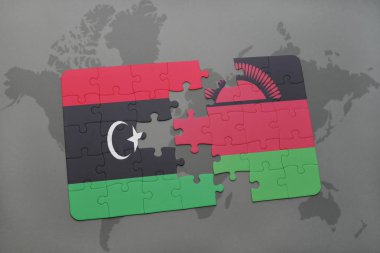 libya ve Malavi bir dünya haritası üzerinde bayrağı ile bulmaca
