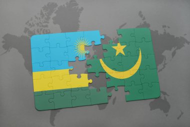 Ruanda ve Moritanya ulusal bayrak bir dünya haritası üzerinde ile bulmaca