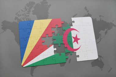 Seyşel Adaları ve Cezayir ulusal bayrak bir dünya haritası üzerinde ile bulmaca