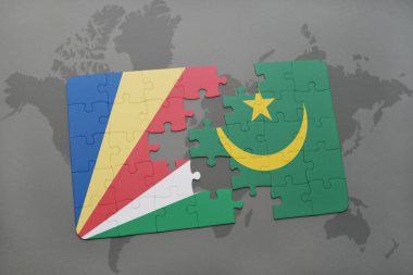 Seyşel Adaları ve Moritanya ulusal bayrak bir dünya haritası üzerinde ile bulmaca