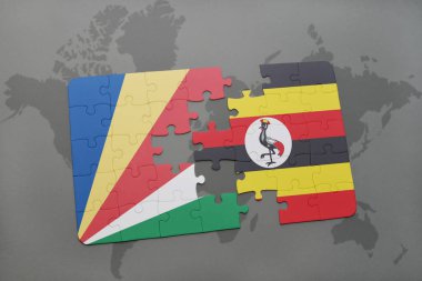 Seyşel Adaları ve uganda ulusal bayrak bir dünya haritası üzerinde ile bulmaca