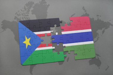 Güney ulusal bayrak ile sudan ve Gambiya bir dünya haritası üzerinde bulmaca