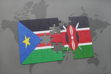Güney ulusal bayrak ile sudan ve kenya bir dünya haritası üzerinde bulmaca