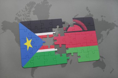 Güney ulusal bayrak ile sudan ve Malavi bir dünya haritası üzerinde bulmaca