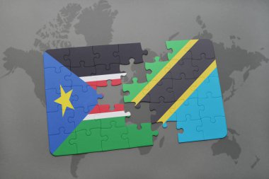 Güney ulusal bayrak ile sudan ve Tanzanya bir dünya haritası üzerinde bulmaca