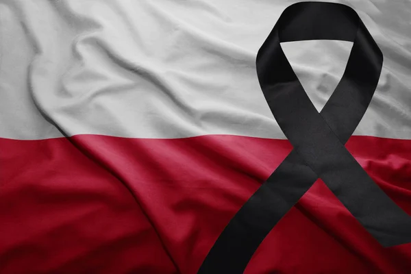 Flag of poland with black mourning ribbon — Stock Photo, Image