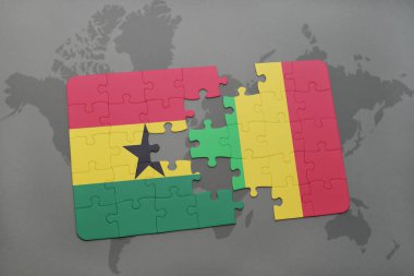 Gana ve mali bir dünya haritası üzerinde bayrağı ile bulmaca