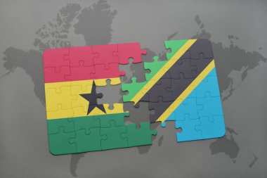 Gana ve Tanzanya bir dünya haritası üzerinde bayrağı ile bulmaca