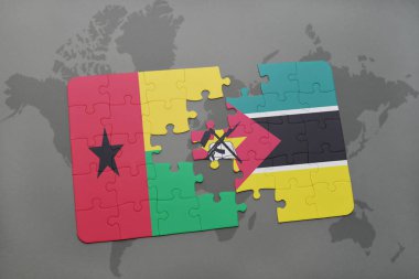 Gine bissau ve Mozambik bir dünya haritası üzerinde bayrağı ile bulmaca