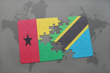 Gine bissau ve Tanzanya bir dünya haritası üzerinde bayrağı ile bulmaca