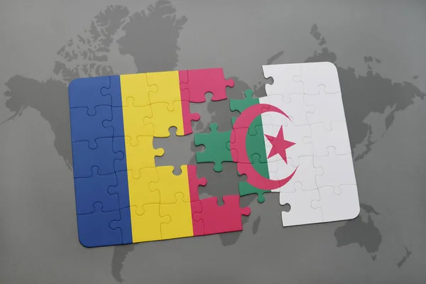 Puzzel met de nationale vlag van Tsjaad en Algerije op een kaart van de wereld — Stockfoto