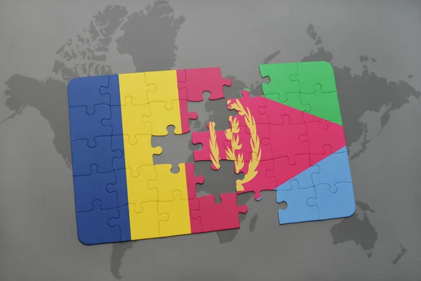Puzzle with the national flag of chad and eritrea on a world map — Stock Photo, Image