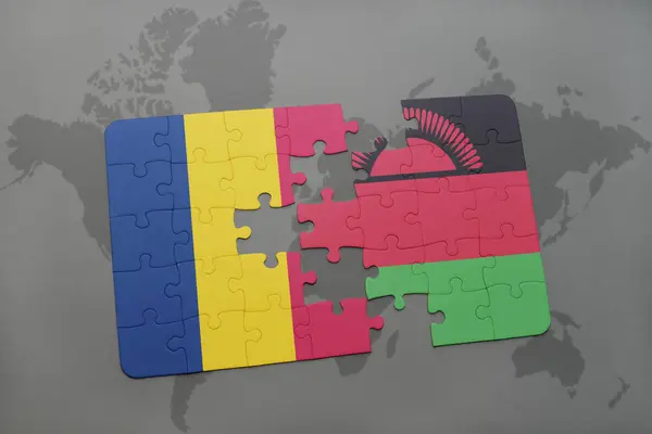 Puzzle con la bandiera nazionale di Ciad e Malawi su una mappa del mondo — Foto Stock