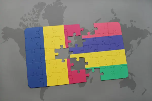 Puzzel met de nationale vlag van Tsjaad en mauritius op een wereldkaart — Stockfoto