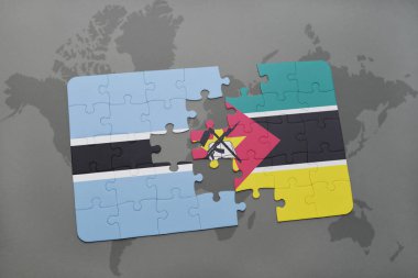 Botsvana ve Mozambik bir dünya haritası üzerinde bayrağı ile bulmaca