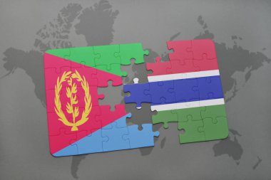 Eritre ve Gambiya ulusal bayrak bir dünya haritası üzerinde ile bulmaca
