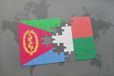 Eritre ve Madagaskar ulusal bayrak bir dünya haritası üzerinde ile bulmaca