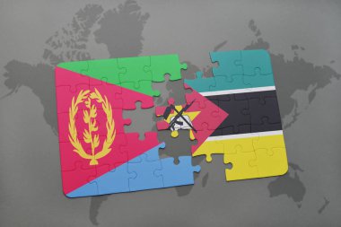 Eritre ve Mozambik bir dünya haritası üzerinde bayrağı ile bulmaca