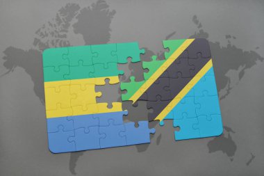 gabon ve Tanzanya bir dünya haritası üzerinde bayrağı ile bulmaca