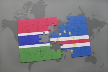 Gambiya ve cape verde ulusal bayrak bir dünya haritası üzerinde ile bulmaca