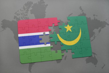 Gambiya ve Moritanya ulusal bayrak bir dünya haritası üzerinde ile bulmaca