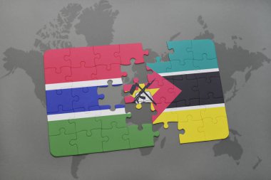 Gambiya ve Mozambik bir dünya haritası üzerinde bayrağı ile bulmaca