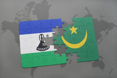 lesotho ve Moritanya ulusal bayrak bir dünya haritası üzerinde ile bulmaca