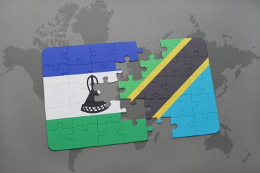 lesotho ve Tanzanya bir dünya haritası üzerinde bayrağı ile bulmaca