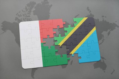 Madagaskar ve Tanzanya bir dünya haritası üzerinde bayrağı ile bulmaca