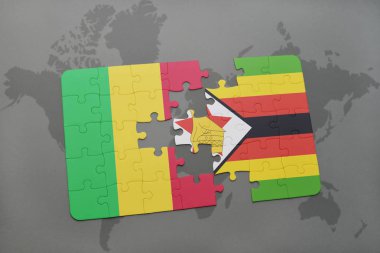 bir dünya haritası üzerinde mali ve Zimbabve Ulusal bayrakla bulmaca
