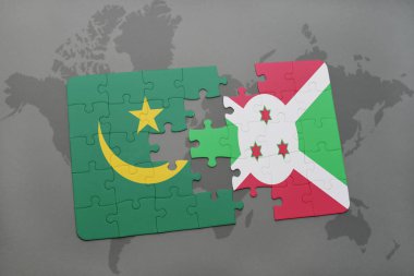 bir dünya haritası üzerinde Moritanya ve burundi bayrağı ulusal ile bulmaca