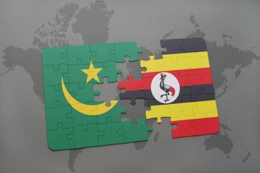 Moritanya ve uganda ulusal bayrak bir dünya haritası üzerinde ile bulmaca