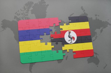 mauritius ve uganda ulusal bayrak bir dünya haritası üzerinde ile bulmaca