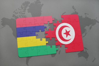 mauritius ve Tunus bir dünya haritası üzerinde bayrağı ile bulmaca