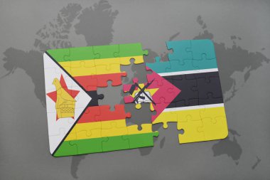 Zimbabve ve Mozambik bir dünya haritası üzerinde bayrağı ile bulmaca