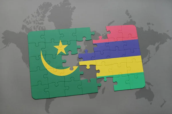 Puzzle with the national flag of mauritania and mauritius on a world map — Stock Photo, Image