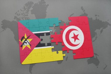 Mozambik ve Tunus bir dünya haritası üzerinde bayrağı ile bulmaca