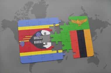 Svaziland ve Zambiya bir dünya haritası üzerinde bayrağı ile bulmaca