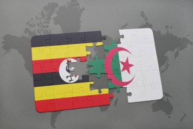 uganda ve Cezayir ulusal bayrak bir dünya haritası üzerinde ile bulmaca