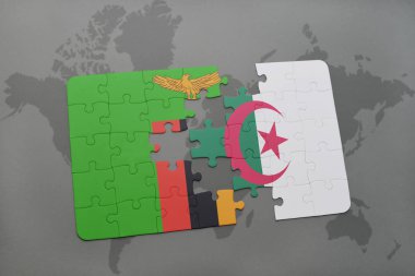 Zambiya ve Cezayir ulusal bayrak bir dünya haritası üzerinde ile bulmaca