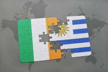 İrlanda ve uruguay ulusal bayrak bir dünya haritası üzerinde ile bulmaca