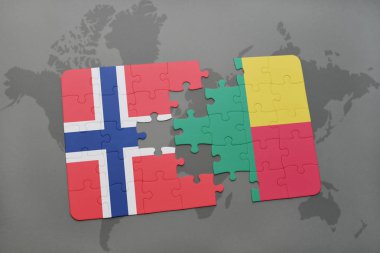 Norveç ve benin bir dünya haritası üzerinde bayrağı ile bulmaca