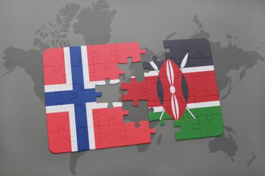Norveç ve kenya ulusal bayrak bir dünya haritası üzerinde ile bulmaca