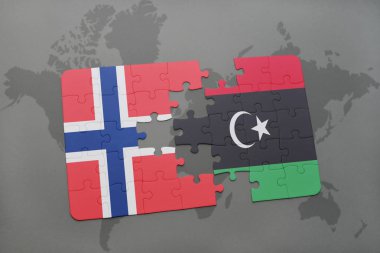 Norveç ve libya ulusal bayrak bir dünya haritası üzerinde ile bulmaca