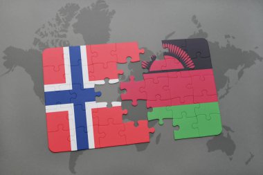 Norveç ve Malavi bir dünya haritası üzerinde bayrağı ile bulmaca
