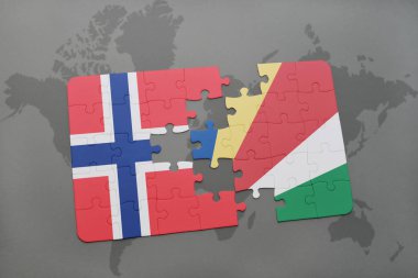 Norveç ve Seyşeller ulusal bayrak bir dünya haritası üzerinde ile bulmaca