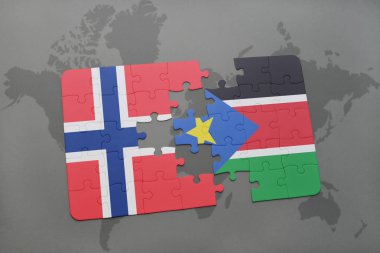Norveç ve bir dünya haritası üzerinde Güney sudan bayrağı ile bulmaca