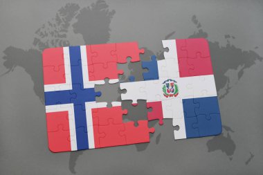 Norveç ve Dominik Cumhuriyeti ulusal bayrak bir dünya haritası üzerinde ile bulmaca