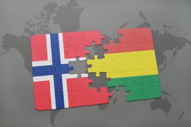 Norveç ve Bolivya Ulusal bayrak bir dünya haritası üzerinde ile bulmaca